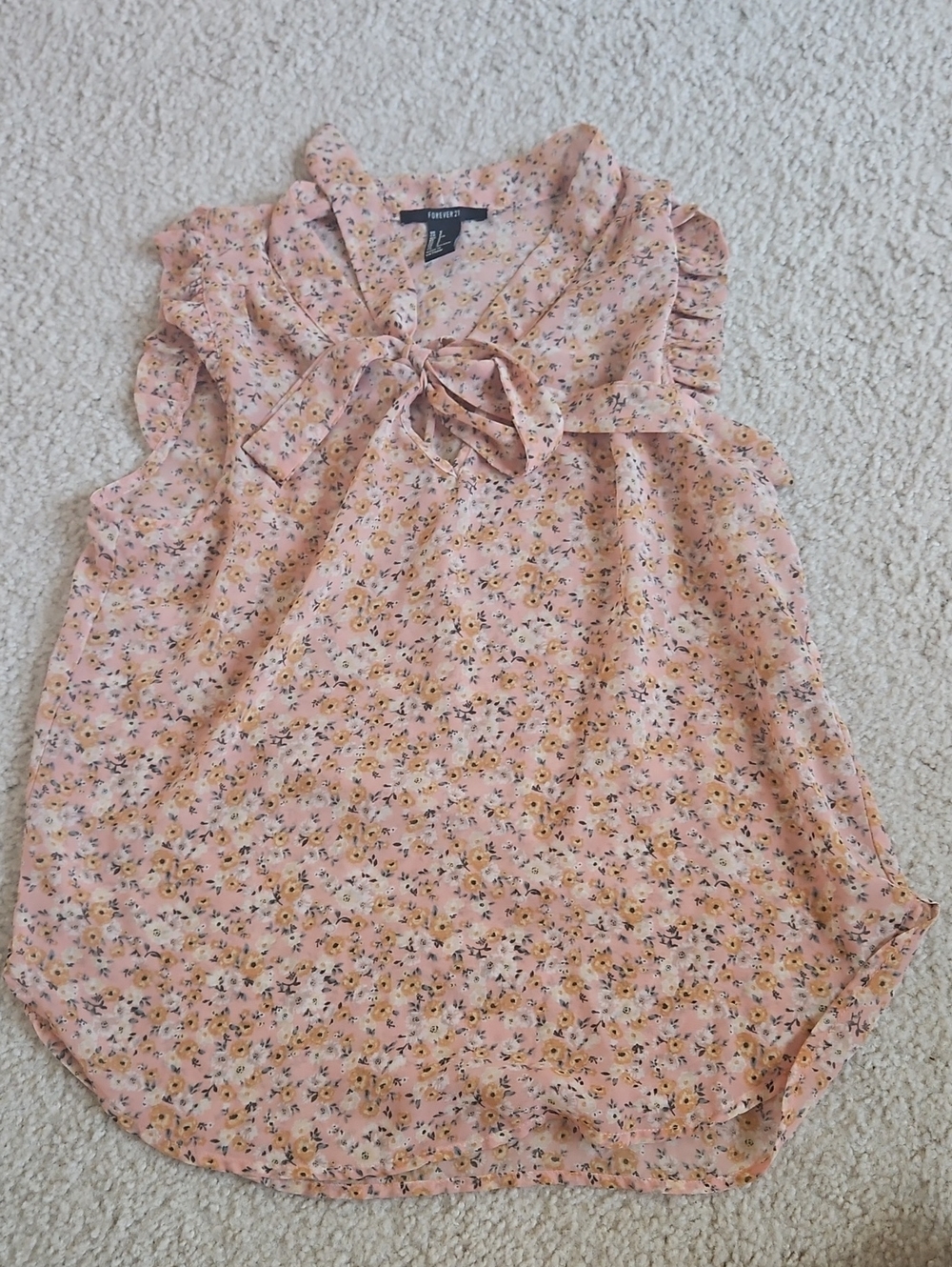 Forever 21 Peach Floral Tie-Neck Ruffle Sleeveless Top
